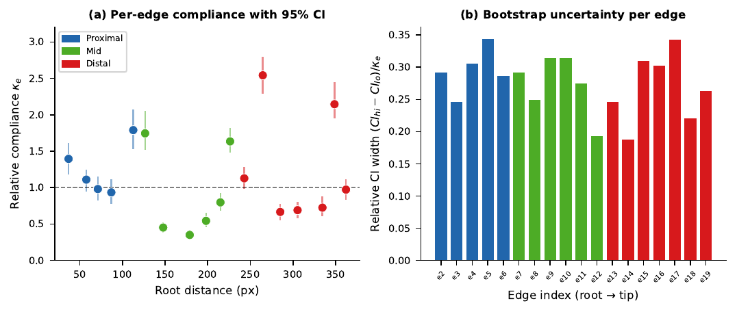 Per-edge compliance vs root distance — Plant 1